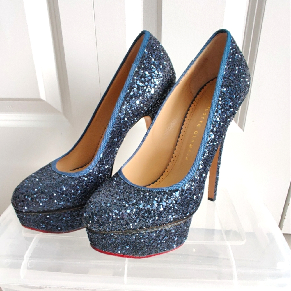 Charlotte Olympia blue sparkle platform pump Sz 37.5